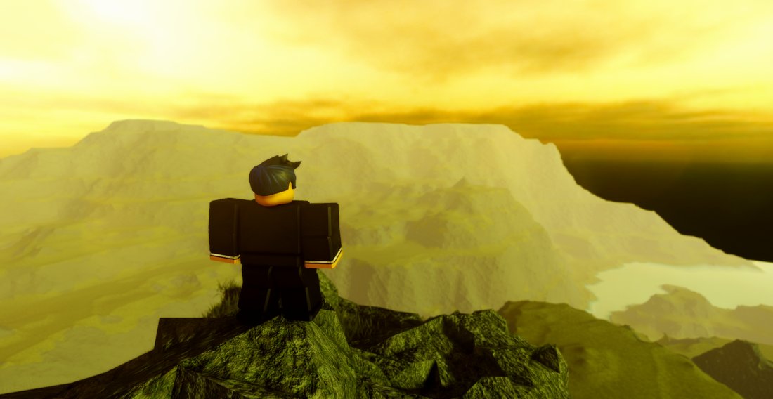 Avatar on a cliff at sunset overlooking generated terrain